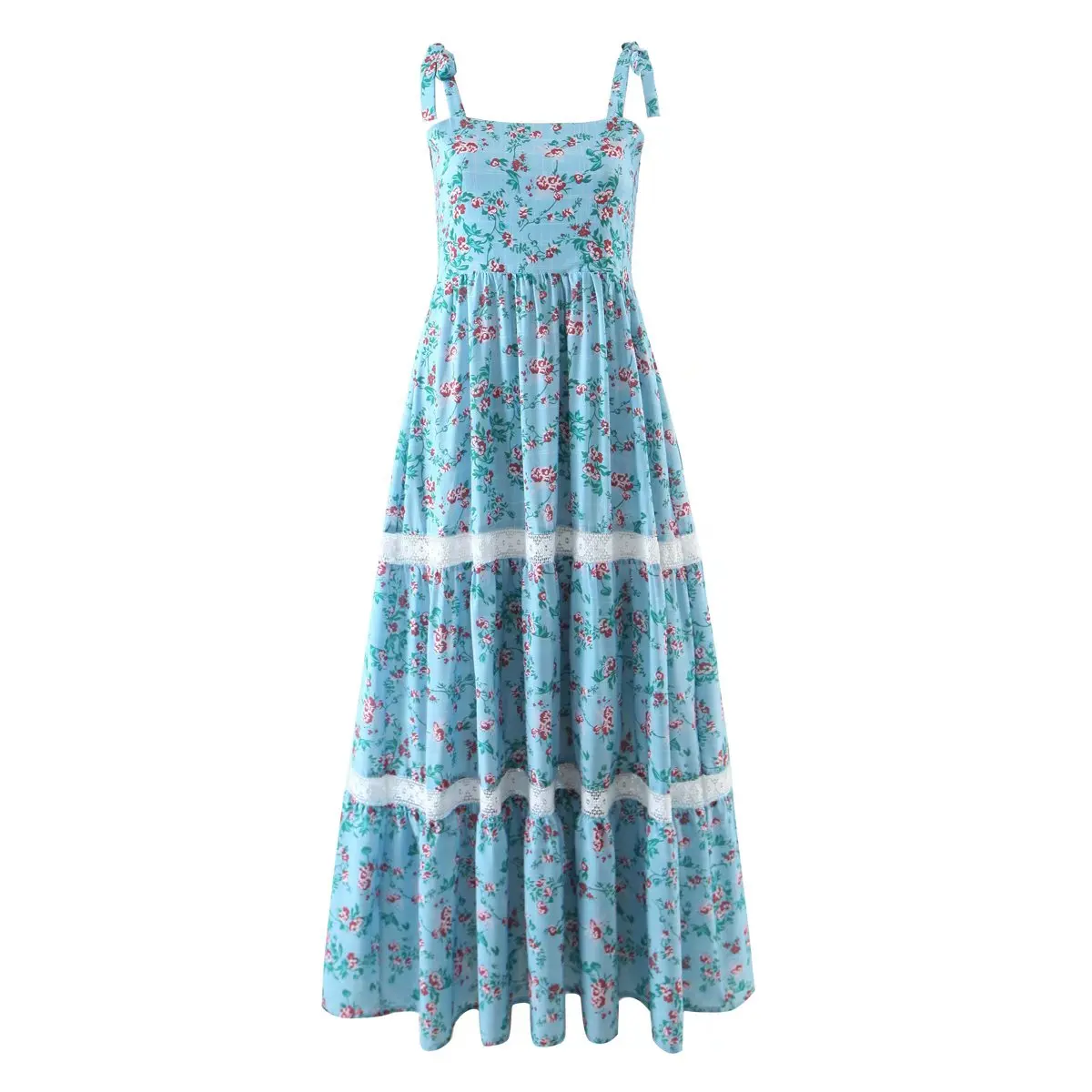 

Women Vintage Floral Printed Dress with Knotted Straps Smocked Back Lace Trim Chic Lady Woman Sleeveless Midi Dress