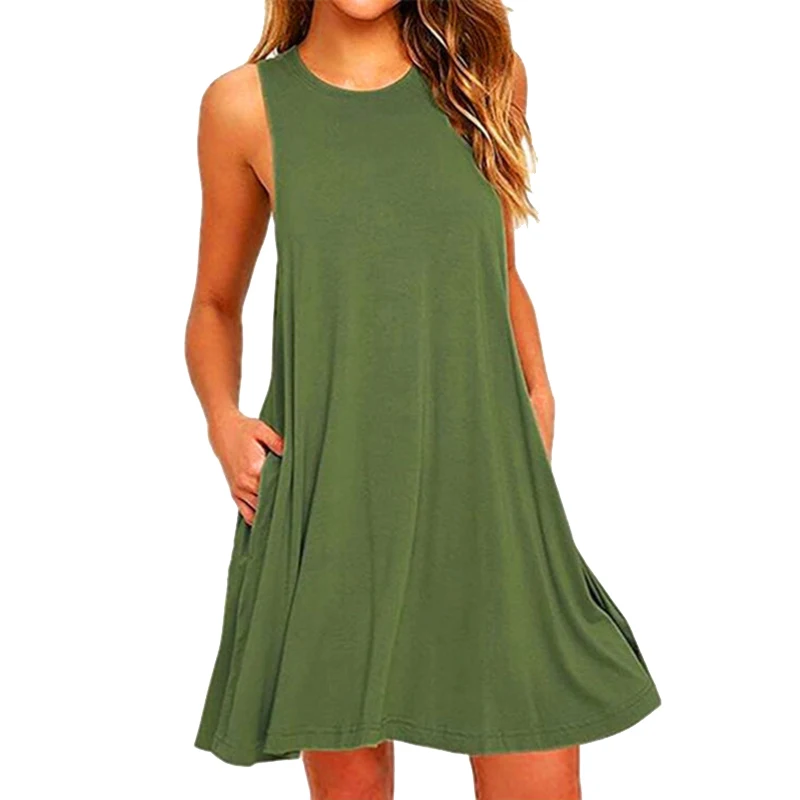 

2020 New Soft Women Sleeveless Round Collar Solid Color Loose Side Pockets Dress For Summer Maternity Dresses Ropa Mujer