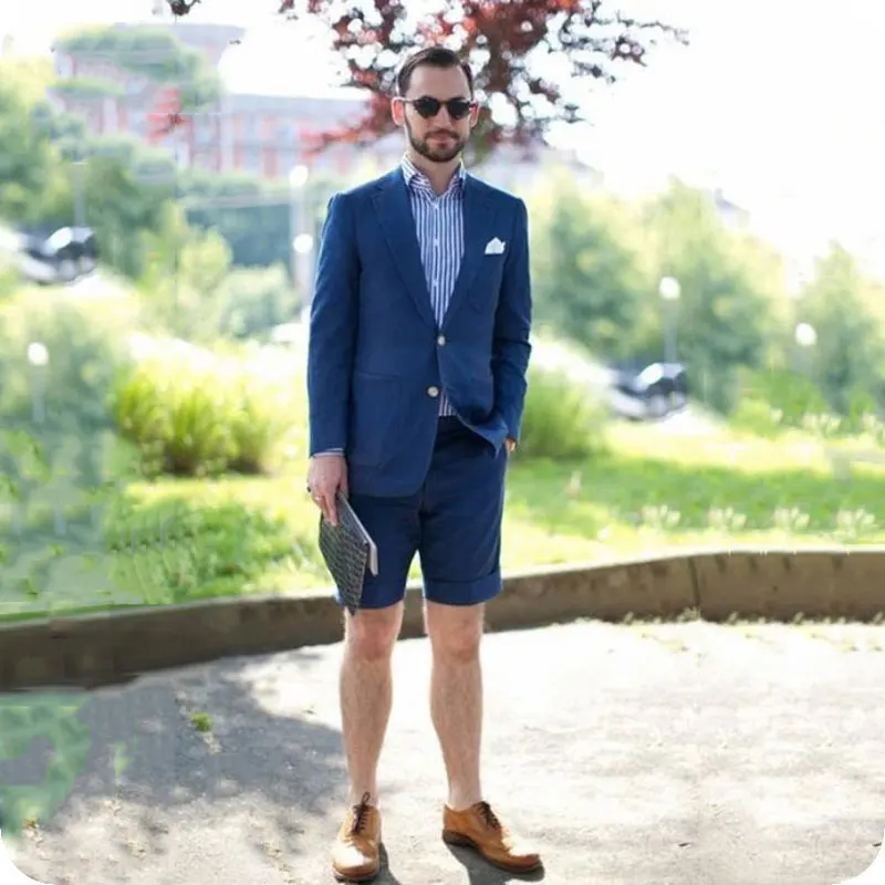 Лето 2020 короткие брюки темно-синие льняные мужские костюмы для пляжных свадебных