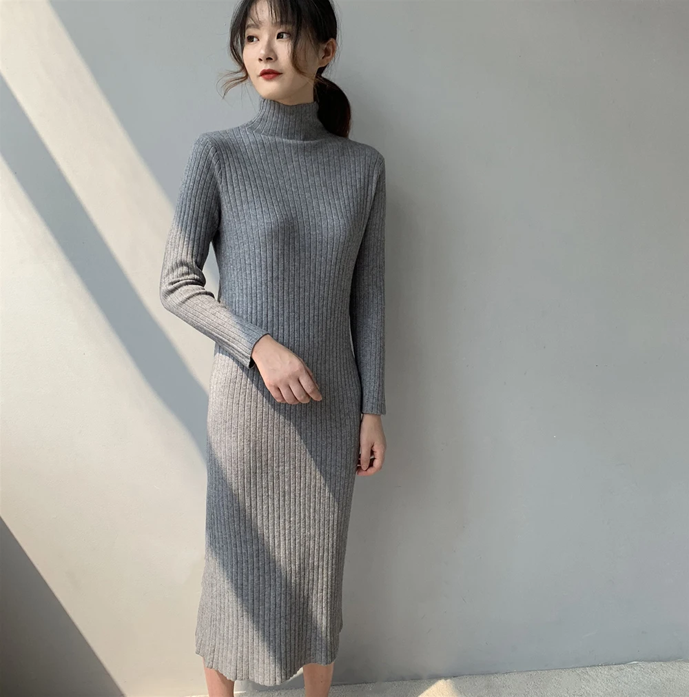 2019 вязанное осеннее платье-свитер с длинным рукавом женские пуловеры высоким