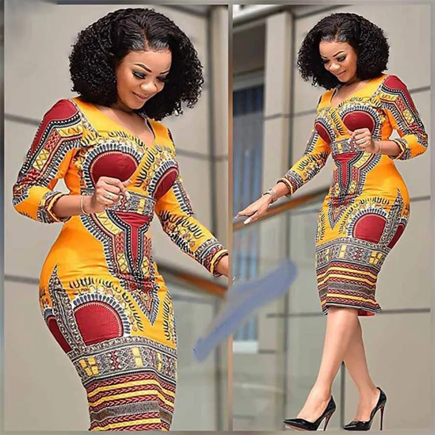 

African Dresses for Women Dashiki Print 2021 News Tribal Ethnic Fashion V-neck Ladies Clothes Casual Sexy Dress Robe Party