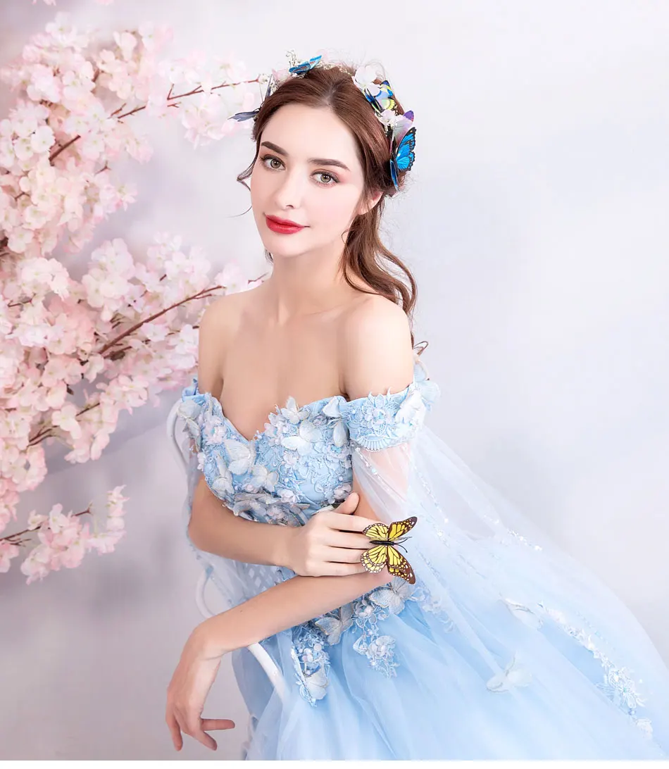 Light Blue Arabic Women Prom Dresses 3D Appliques Tulle 2019 Long Formal Party Evening Gowns Vestidos de Festa Court Train | Свадьбы и