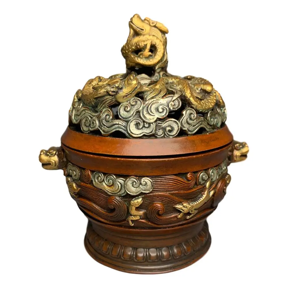 

LaoJunLu старинная тибетская медная позолота, позолоченная и серебряная тарелка Дракон благовония горелка имитация Античная бронзовая коллек...