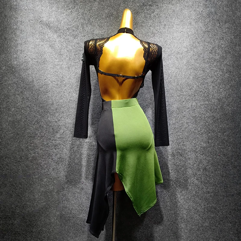 Юбка женская для латиноамериканских танцев черная и зеленая VDB1358 | Тематическая