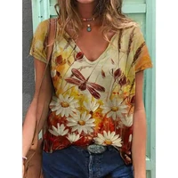2021 summer new graphic t shirt ladies 3d floral print v neck short sleeved t shirt casual loose oversized t shirt y2k top