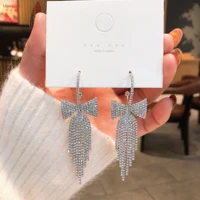 2021 new long bow tassel earrings fashion versatile rhinestone shining personality exaggerated womens gift