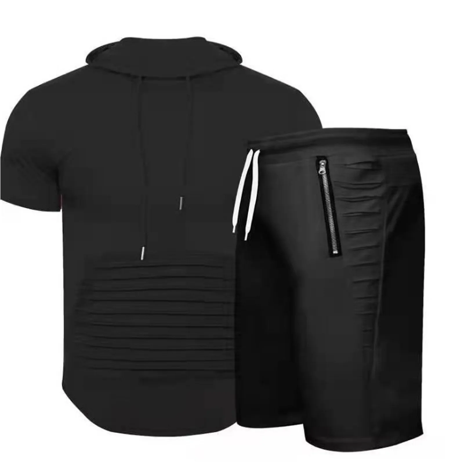 

2021 Summer Solid Colour Hooded Casual Shirts Short Sleeves And Shorts Set Blue Grey Red Yellow Black Combination Men‘s Sets