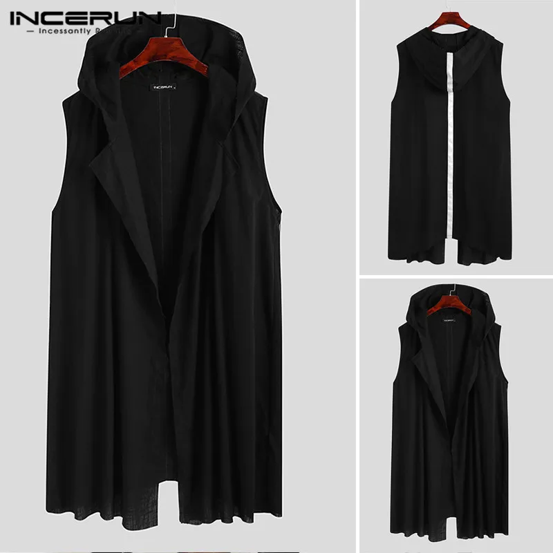 

Men Solid Color Vests Fashion Hooded Open Stitch Outerwear INCERUN Punk Style Men Sleeveless Waistcoats Patchwork Cardigan S-5XL
