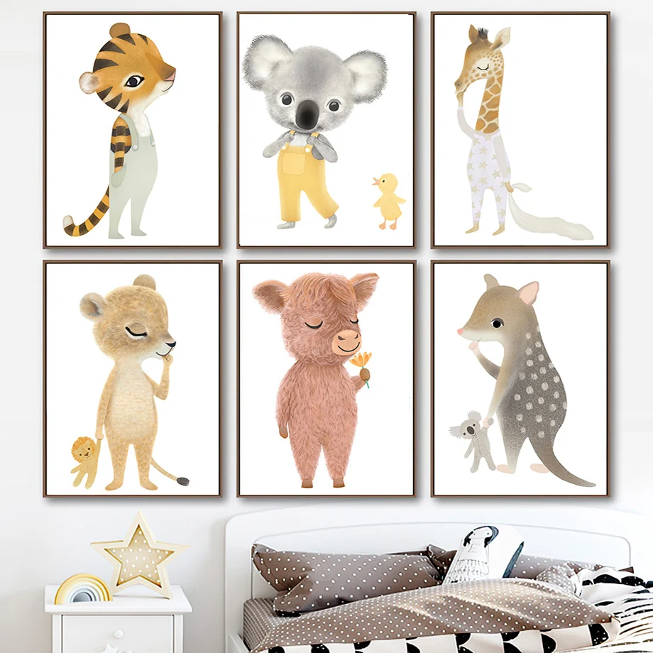 

Kawaii Animal Giraffe Lion Tiger Cow Koala Baby Wall Art Canvas Painting Nordic Posters And Prints Wall Pictures Kids Room Decor