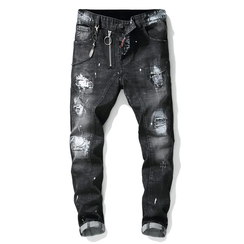 

Europe Fashion Print Worn Paint Patch Jeans Slim Original Single Stretch Jeans Men Small Straight