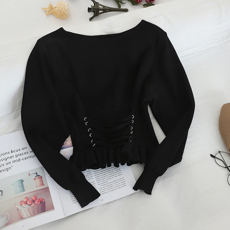 OCEANLOVE Short Pullovers 2020 Bandage Solid Korean Pull Femme Fashion Autumn Winter Ruffles Casual Women Sweaters 13486 | Женская