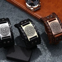 2021 toten design nordic viking odin compass bracelet for man hand woven wide leather wristband adjustable bangles punk jewelry