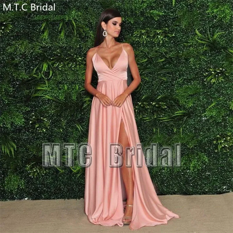 

Dusty Pink Long Sexy Evening Dress With Slit Spaghetti Strap Backless Special Occasion Dresses For Women Wedding Party Gowns