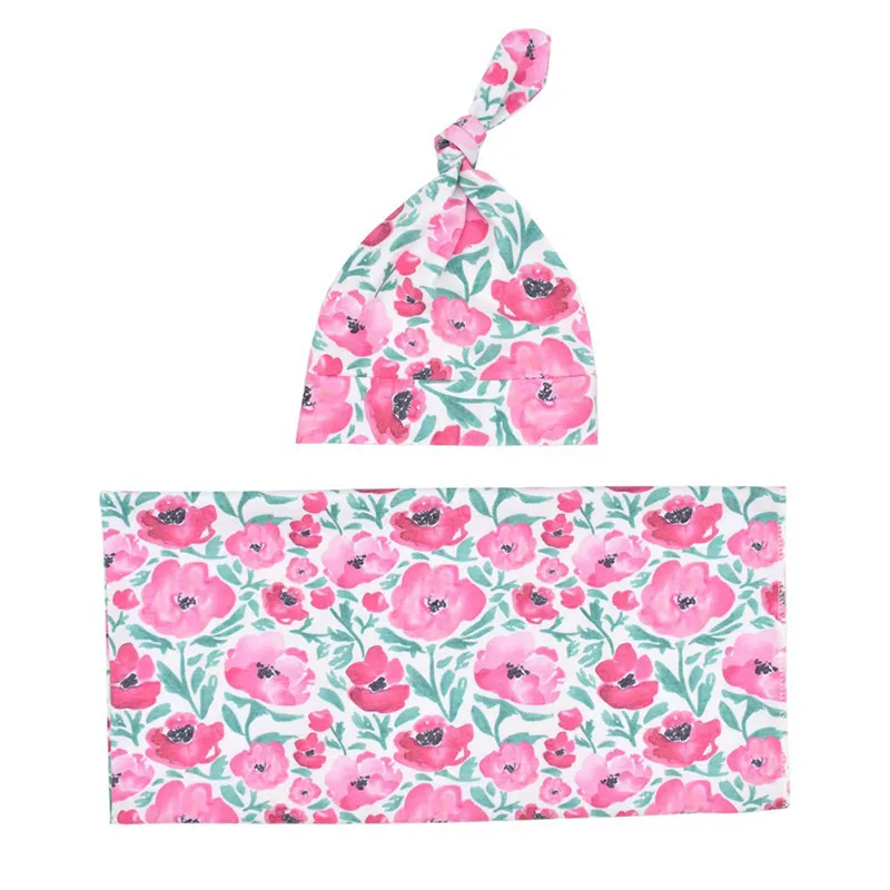 

Hot Sale Fashion Infant Newborn Baby Sleep Wrap Set, Soft Cotton Swaddle Blanket + Hat 2 Piece Sets Floral Pattern Wholeslae
