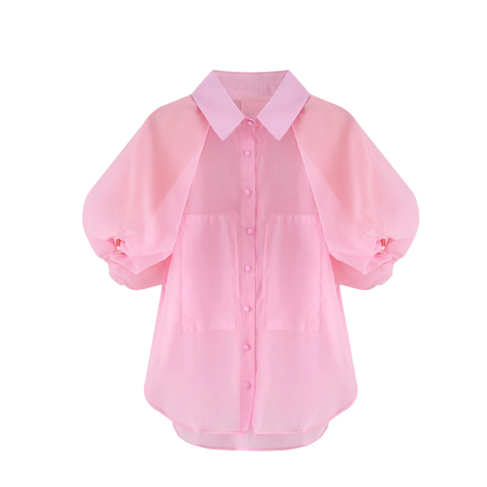 

Women Vintage Summer Shirt Blouse Lapel Collar Female Pink Blouse Shirt Top Sweet Mesh Shirt Puff Sleeve