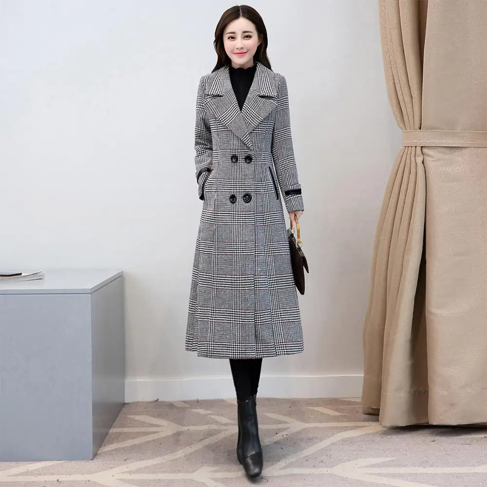 

Long Winter Coat Women Plaid Woolen Plus Size Turn Down Collar Double Breasted Coat 2019 New Long Sleeve Wool Winter Coat Women