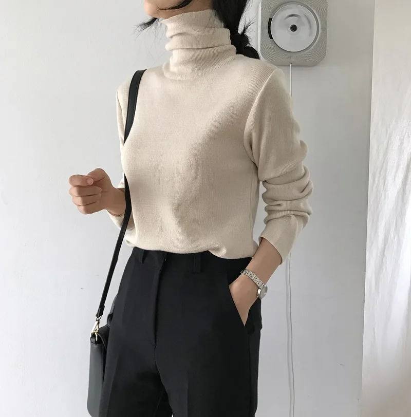 

HziriP Solid Knitwear OL Minimalist Outwear Vintage Turtleneck Pullover Tops Warm Women Elegant Retro Loose Knitted Sweaters