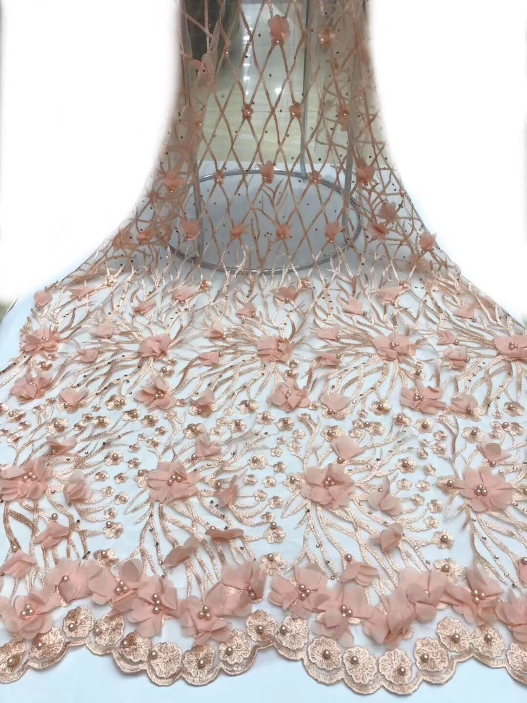

Gold Line Nigeria Tulle Lace Fabric High Quality Grass Green Organza White Tassel Embroidery African Net Lace Fabric For Wedding