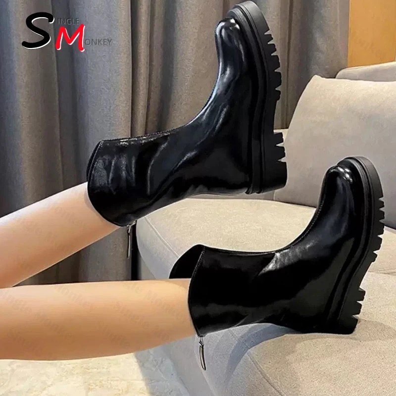 

Осенне-зимние дизайнерские Нескользящие женские сапоги до середины икры на платформе Новинка 2022 удобные мотоциклетные сапоги на плоской п...