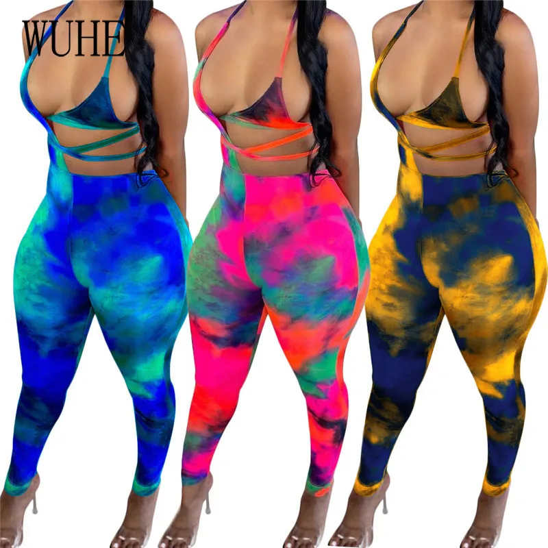 

Комплекты из 2 предметов WUHE с красочным принтом, бандажный Топ без рукавов с открытыми плечами и лямкой на шее и брюки-карандаш, Повседневная...