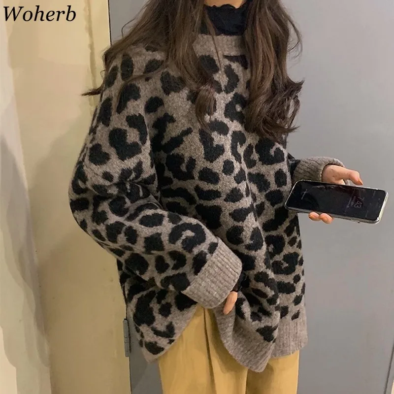 Woherb свитер с леопардовой раскраской Женский пуловер с О-образным вырезом и длинным рукавом винтажные свободные топы Корейская Новая мода уличная одежда Pull Femme 90966