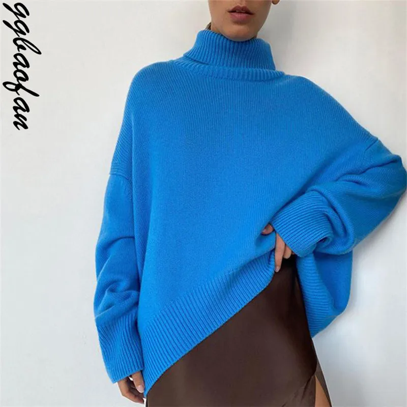 

Ggbaofan Turtleneck Knitted Sweaters For Women Casual Loose Long Sleeve Warm Pullover Sweater Solid Clothes Autumn Winter