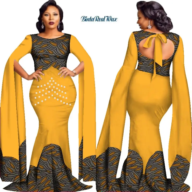2020 African Print Pearls Dresses for Women Queen-style Vestidos Custom Bazin Long Dress African Clothes Party Dress WY2778
