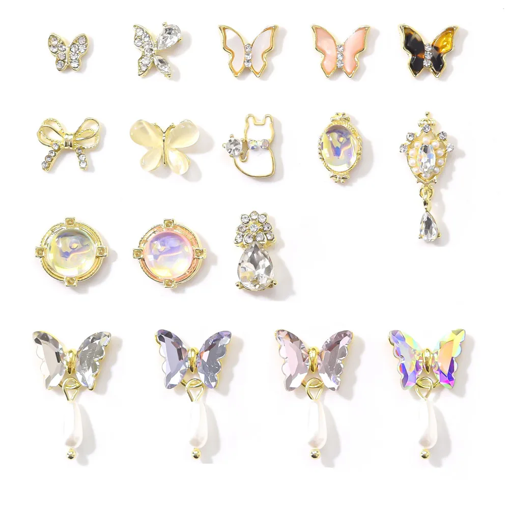 10pcs/Bag 3D Butterfly Pendant Nail Art Rhinestone Bownot Charms Aurora Zircon Alloy Decorations Manicure Accessories Hot 2021