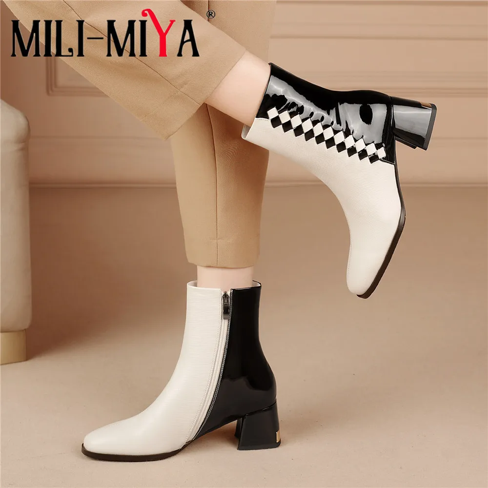 

MILI-MIYA New Autumn Winter Mixed Color Ankle Boots Women Chic Square Toe Chunky Heels Plus Size 34-42 Zipper Party Dress Shoes