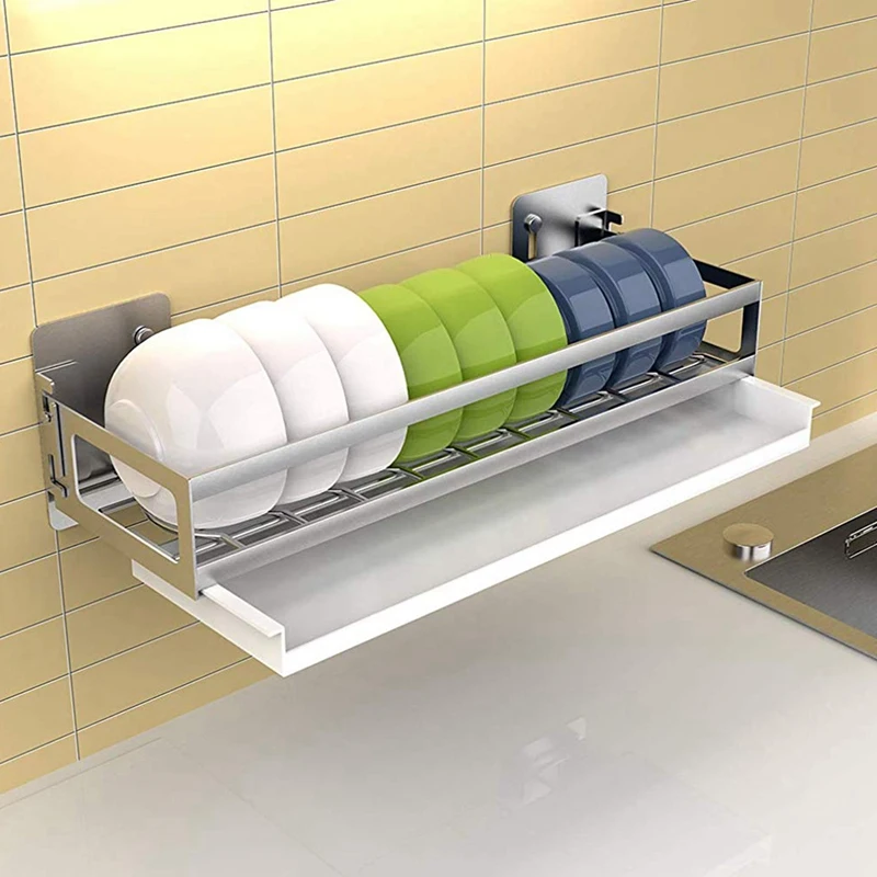 

Dish Drying Rack Wall Mounted Shelf Stainless Steel Multi-Function Dish Dryer Kitchen Organizer Bowl Rack with Drain Board
