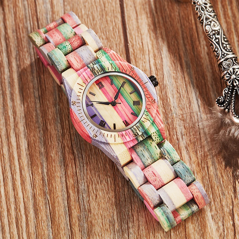 

Color Printing Wood Watch Couple Watches Men Women Colorful Bamboo Wristwatch Lovers Set Quartz Reloj Rainbow Male Female Clock