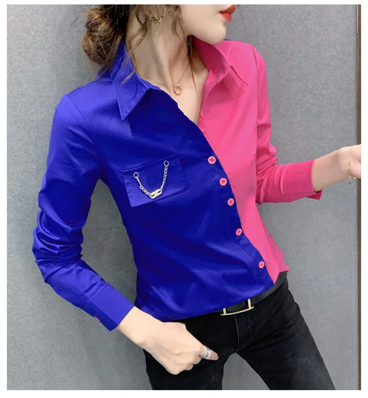 

Fashion Patchwork Color Women Shirts Office Lady Long Sleeve Irregular Shirts Women 2020 Fall Cloting Tops