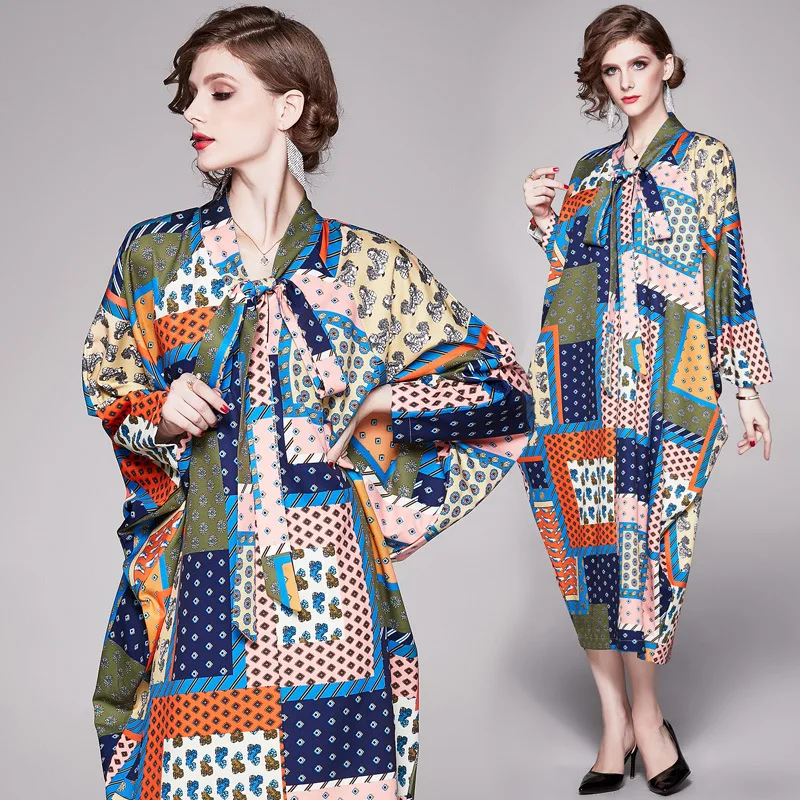 

Spring Women Loose Plus Size Dress Vestidos Largos Verano Striped Mid-Calf Dress Bat Sleeve Dress Robe Blanche Vintage Dress