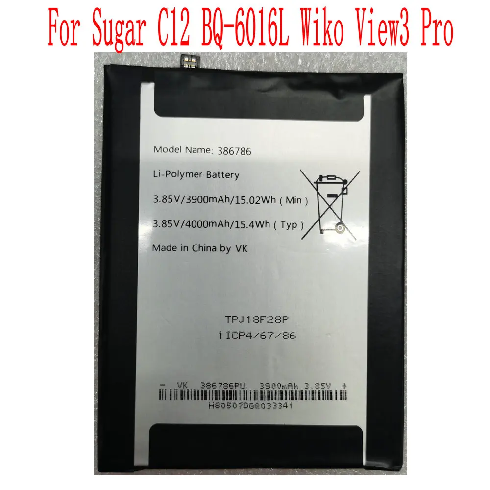 100% Бренд новый высокое качество 3900 мАч/4000 мАч 386786 Аккумулятор для Sugar C12 BQ-6016L Wiko View3 Pro W-P611 мобильный телефон
