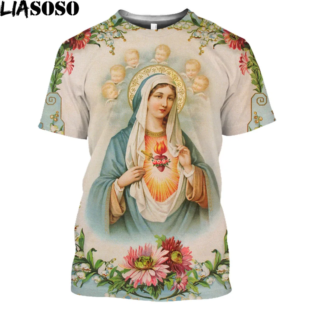 

LIASOSO 3D Guadalupe Virgin Mary Catholic Print T-shirt Summer O-neck Trendy Luxury Short Sleeve Harajuku Style Clothing Top
