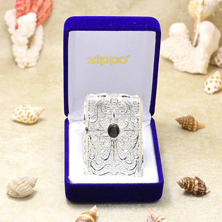 

Genuine Zippo oil lighter copper windproof Silver Flower Turquoise cigarette Kerosene lighters Gift anti-counterfeiting code