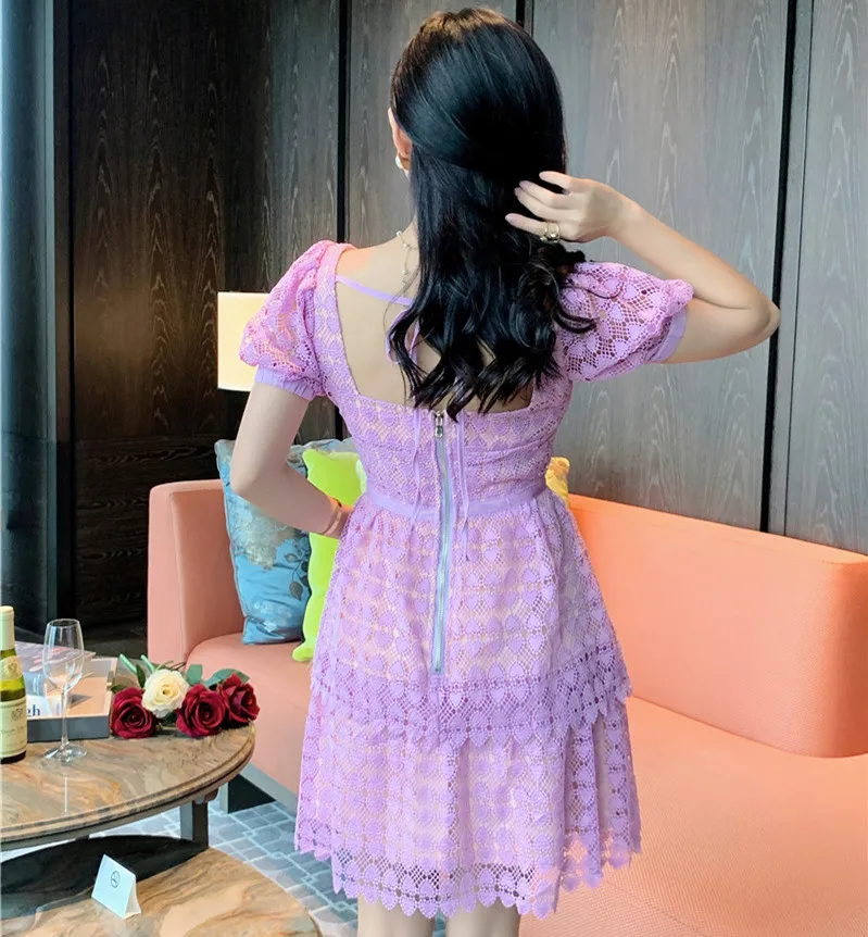 

High Quality Summer Lace Dress 2021 Woman Square Neck Puff Sleeve Hollowing out Embroidery Patchwork Ruffle Mini Party Dresses