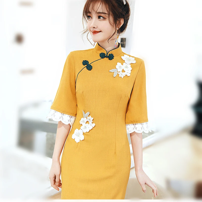 Женское кружевное платье Ципао из хлопка и льна улучшенное в китайском стиле