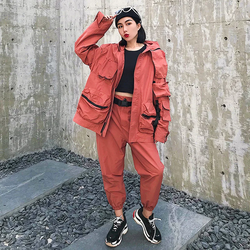 Spring and autumn new handsome Multi-pocket two-piece social spirit sets women's hip hop girl cool tide tooling suits wq2314