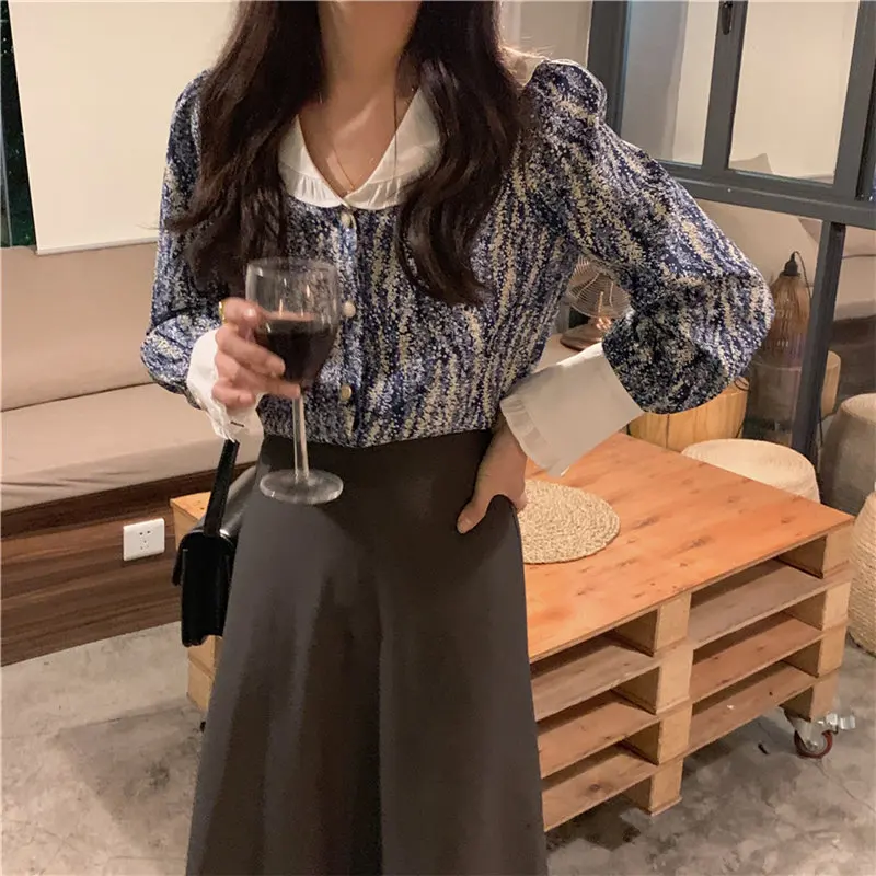 

Women Blue Star French Lapel Printed Loose Ruffles Elegance Sweet Chic Women Blouses Gentle Office Lady Tops All-Match Shirts