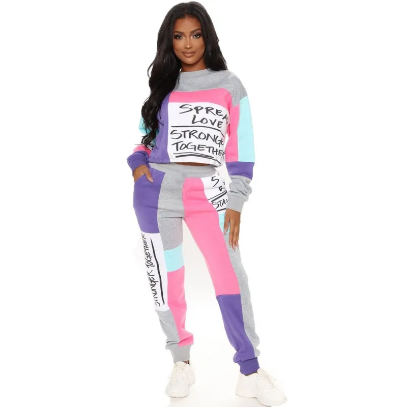 

Женский спортивный костюм, комплект из двух предметов, топы с длинными рукавами и спортивные штаны, Осенний Модный комплект с милыми буквам...