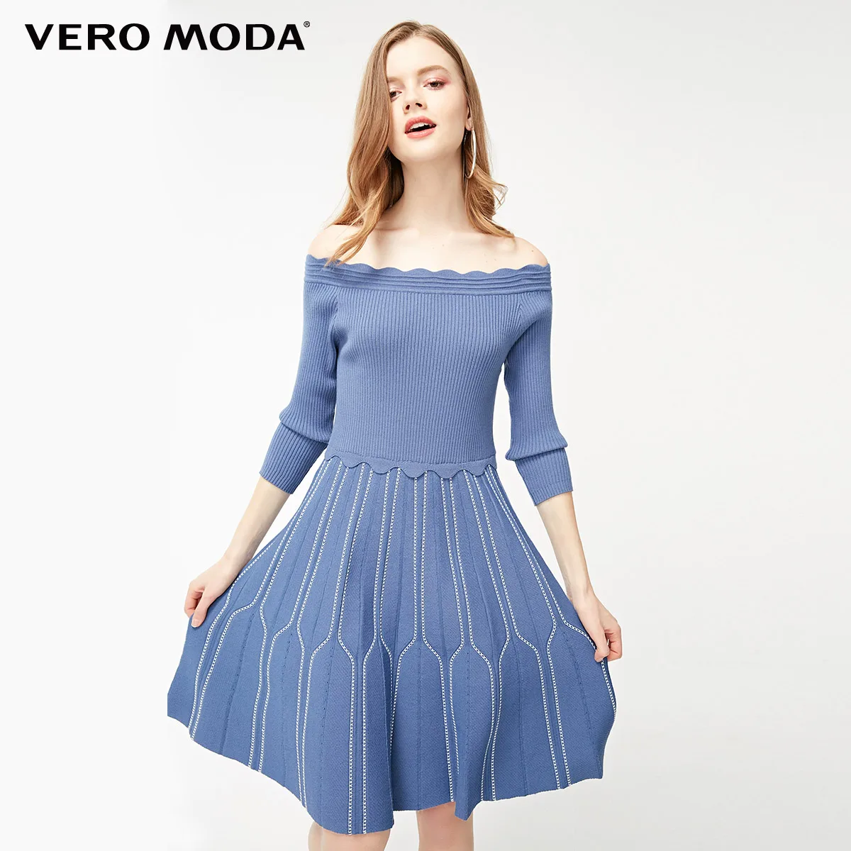 Bijou blue Vero Moda женское платье в полоску с вырезом лодочкой 3/4 рукавами | 319146533 - Цвет: Bijou blue