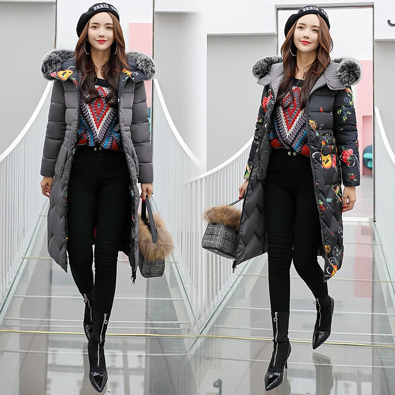 

High Quality Women Winter jacket Double Two Sides Printing Cotton Coat Warm Slim Female Parka Down Cotton Outwear Plus Size R538