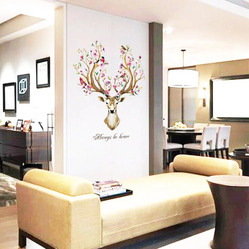 DIY Sika Deer Head Flowers Wall Stickers Living Room Art Vinyl Birds Wallpaper Decals for Kids Baby Home Decor Always Be Brave | Дом и сад