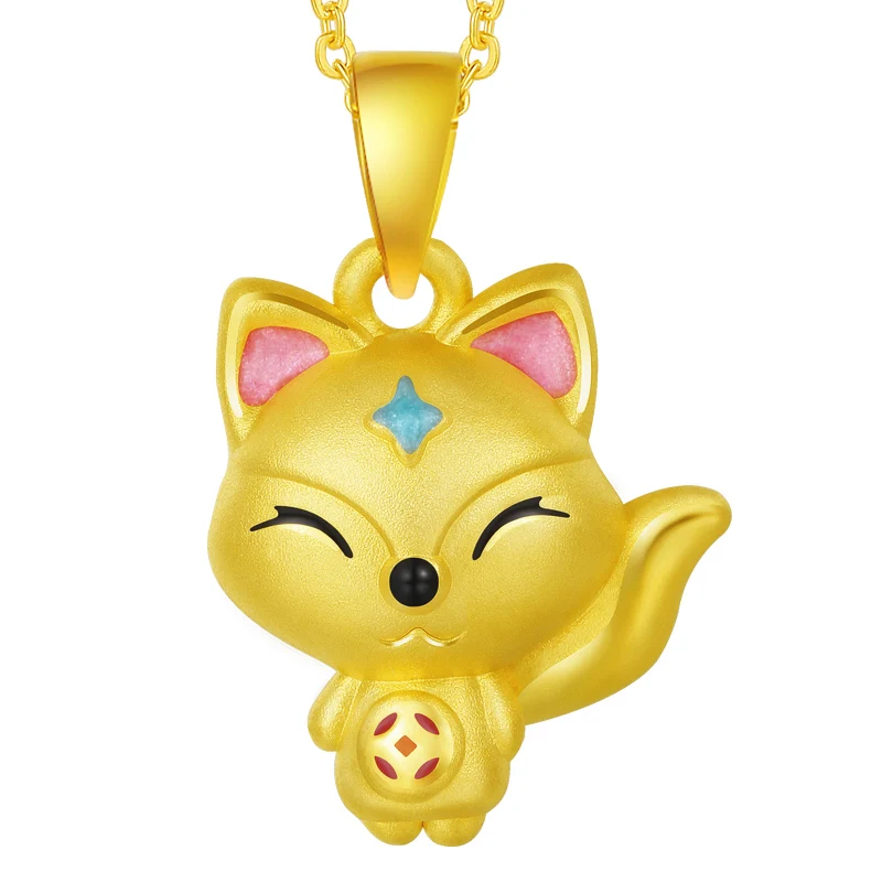 

New 24K Yellow Gold Pendant 3D 999 Gold Fox Coin Girl Necklace Pendant