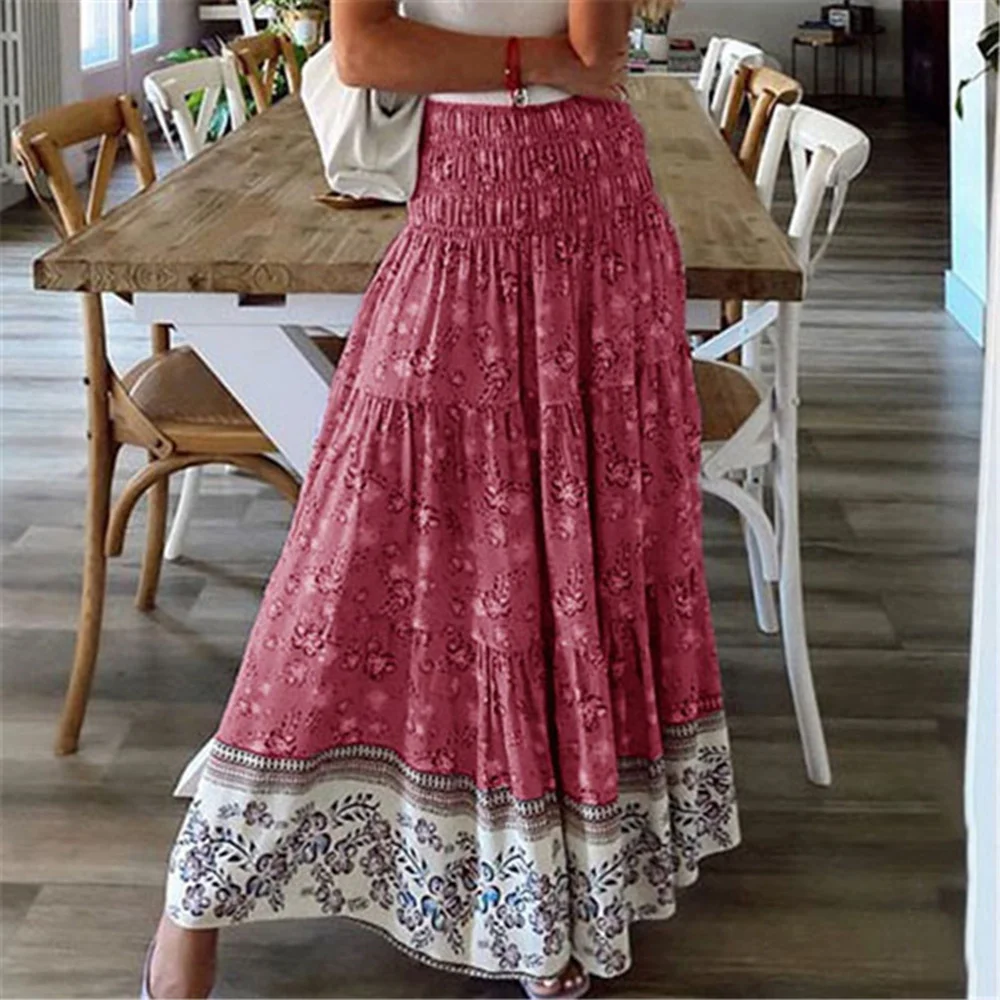 

Boho Casual Print Maxi Skirt Women Summer Fashion Sexy High Waist Skirts Womens 2021 Pink Beach Floral A-line Long Skirts Femme
