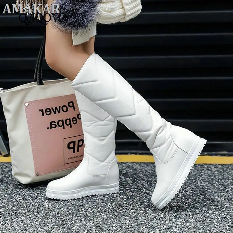

Winter Warm Plush Knee High Boots Women comfy Flat Heel Snow Boots Slip On Platform Woman Long Boots Shoes Black Pink White 2021