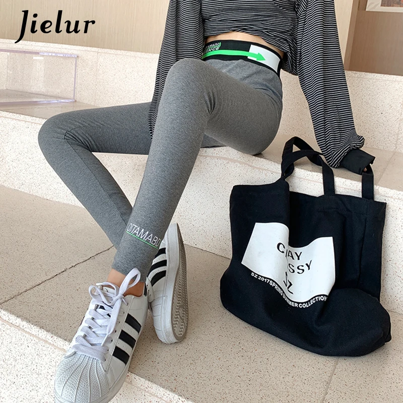 Jielur корейские хлопковые леггинсы женские Осенние с вышивкой буквами серые