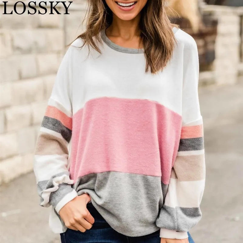 

Цветные полосатые повседневные свободные женские футболки, пуловер с круглым вырезом и длинным рукавом на осень и весну, женская футболка, ...