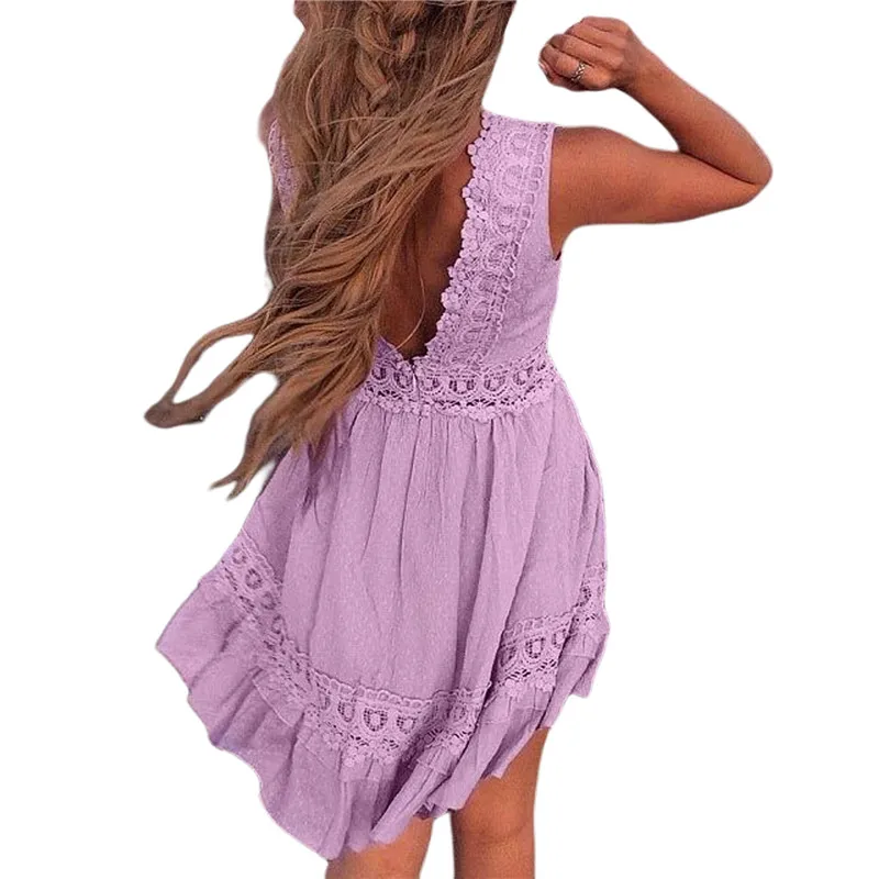 

NEW Women's Sexy Deep V-neck Lace Dress Casual Solid Color Sleeveless Beach Dress Elegant Mini Dress